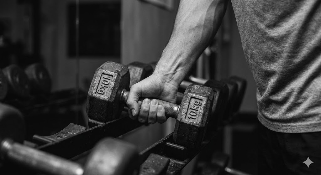 A high-contrast, black-and-white close-up of a hand reaching for a heavy, weathered iron dumbbell on a rack. It should look gritty and real, not like a glossy stock photo.