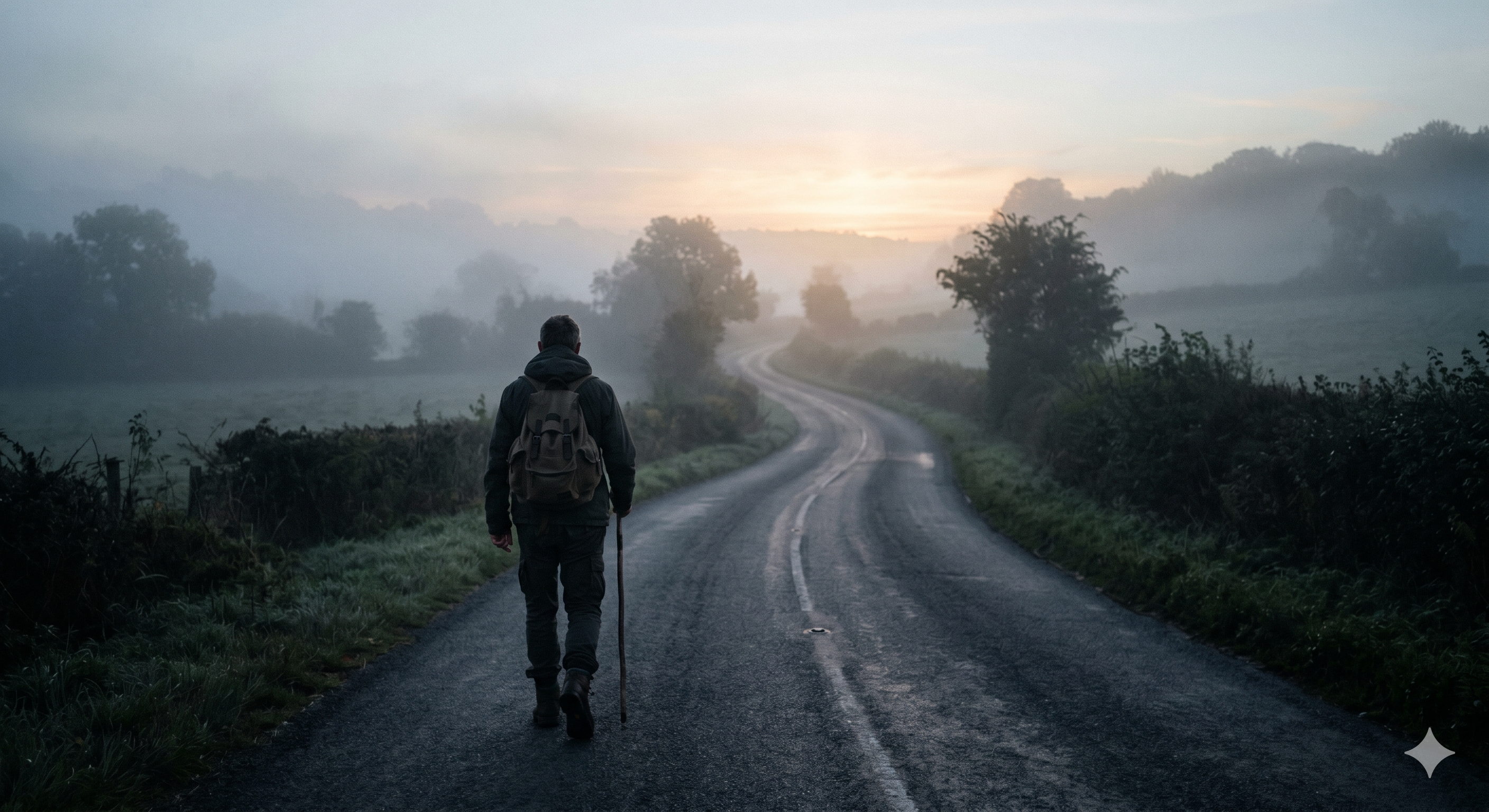 A lone figure walking along a quiet misty road at dawn, representing the deep causes of angst that mature believers experience in the Christian life