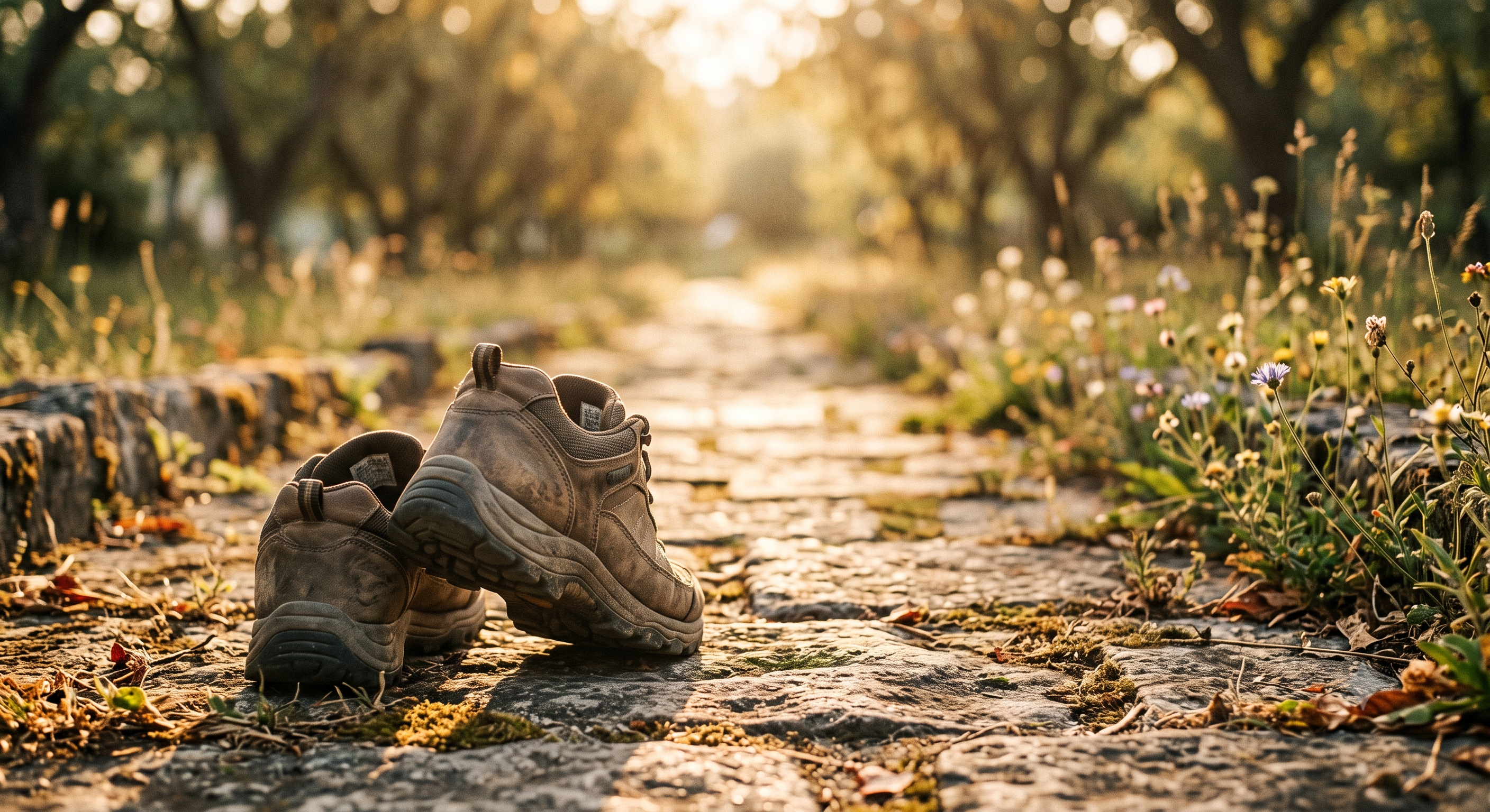 A pair of worn walking shoes sitting on a stone path at sunrise.