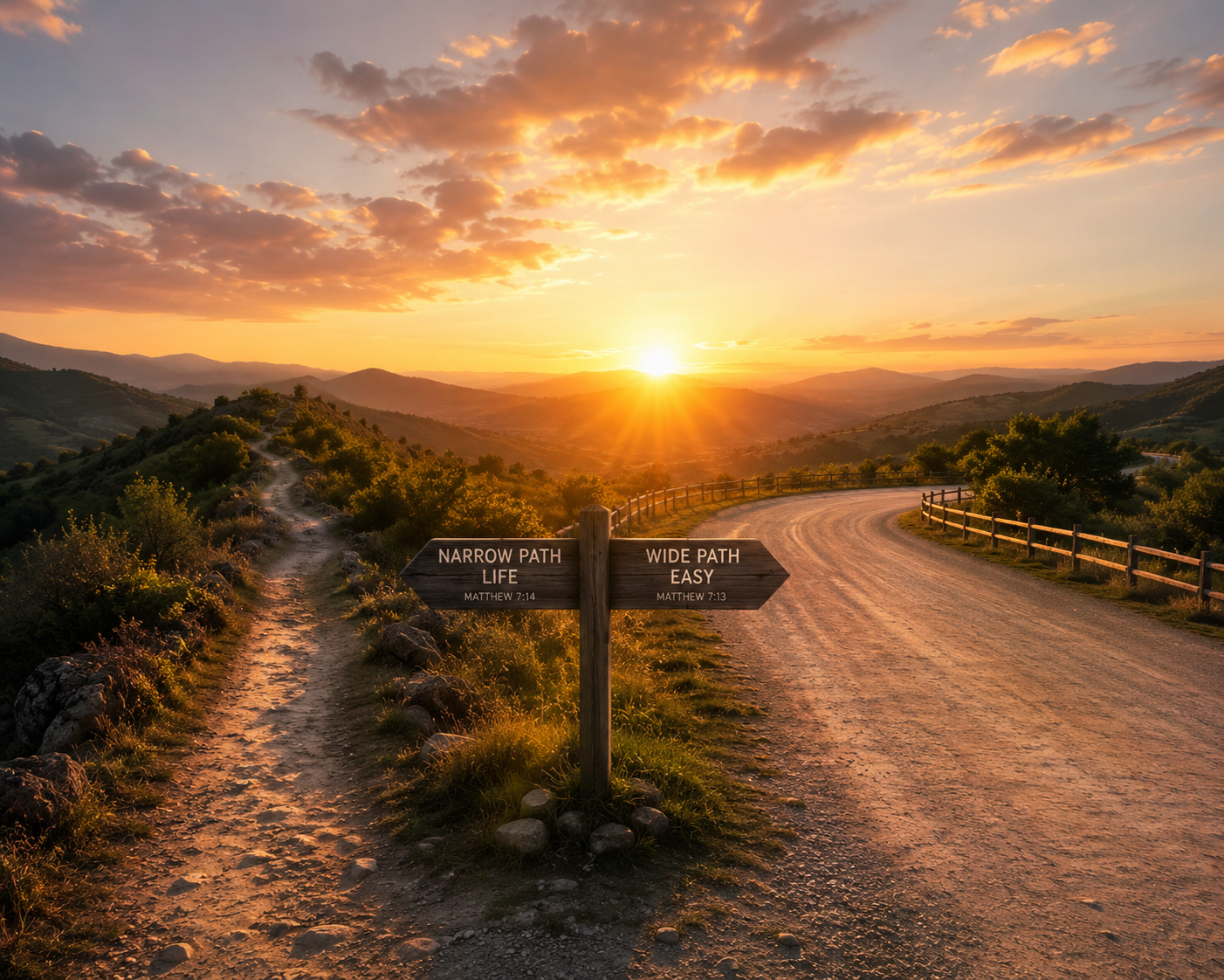 Sunset over rolling hills as a dirt fork splits: a narrow left path and a curved right road, with a sign reading 'Narrow Path Life' (Matthew 7:14) and 'Wide Path Easy' (Matthew 7:13).