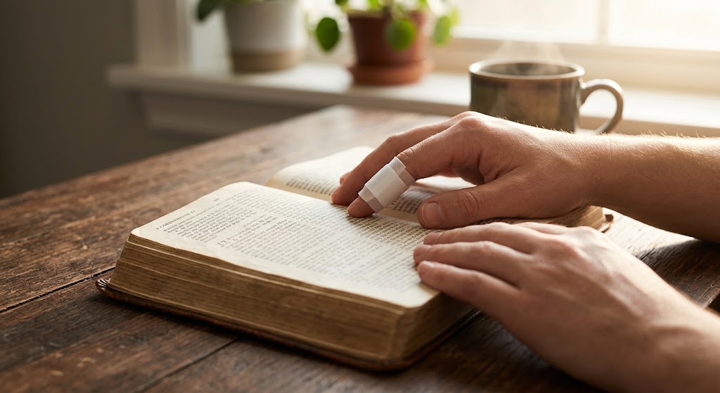 Person with a bandaged index finger reading a Bible on a wooden table