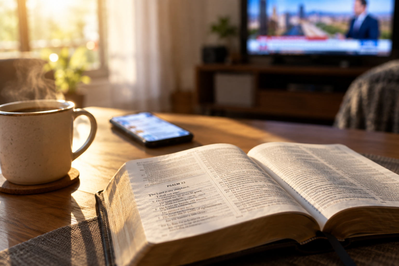 Open Bible on a table beside a coffee cup, with a glowing phone screen in the background, symbolizing distracted devotion time